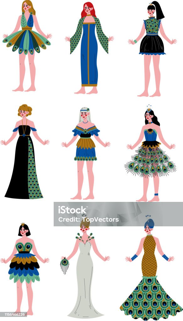 Ilustración de Colección De Mujeres Hermosas Que Llevan Vestidos Elegantes Decorados Con Plumas De Pavo Real Ilustración Vectorial y más Vectores Libres de Derechos de Artista - iStock Ilustración de Colección De Mujeres Hermosas Que Llevan Vestidos Elegantes Decorados Con Plumas De Pavo Real Ilustración Vectorial y más Vectores Libres de Derechos de Artista - iStock