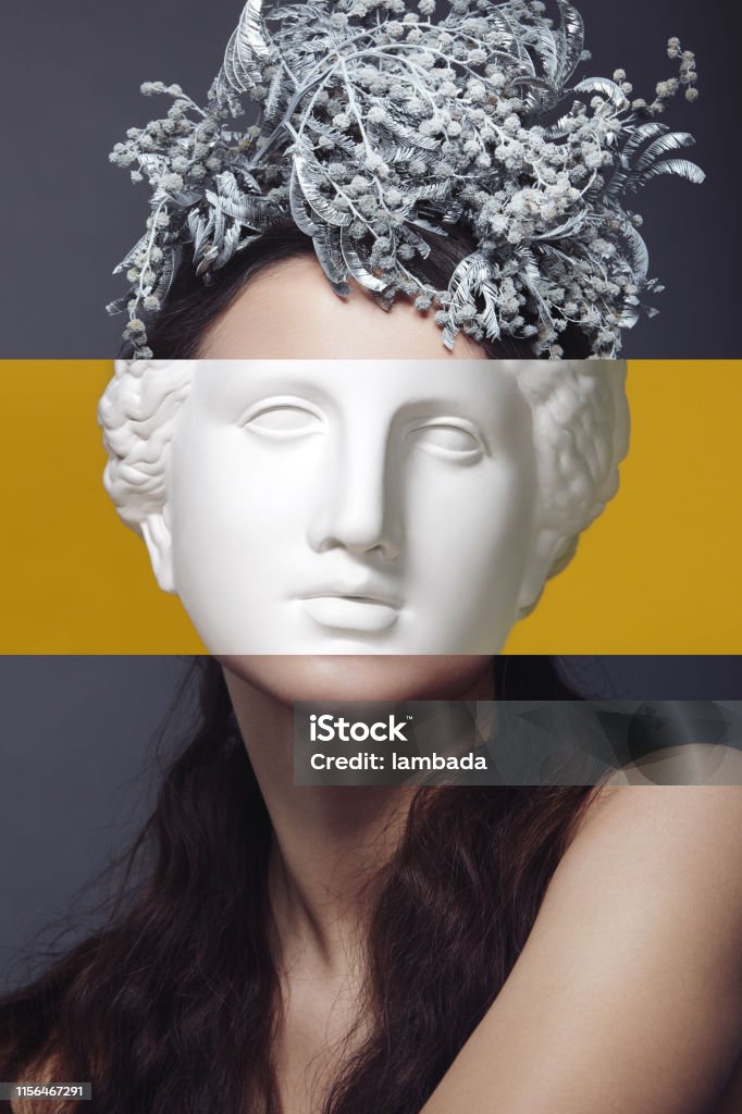 Collage with woman and plaster head Collage with female portrait and plaster head model (mass produced replica of Head of Aphrodite of Knidos) Statue Stock Photo