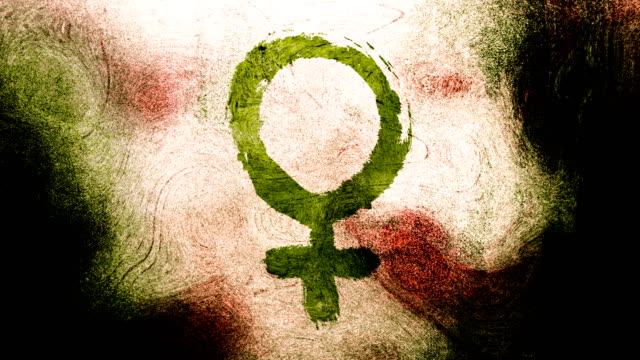 Green Venus, female, gender symbol on a high contrasted grungy and dirty, animated, distressed and smudged 4k video background with swirls and frame by frame motion feel with street style for the concepts of gender equality, women-social issues