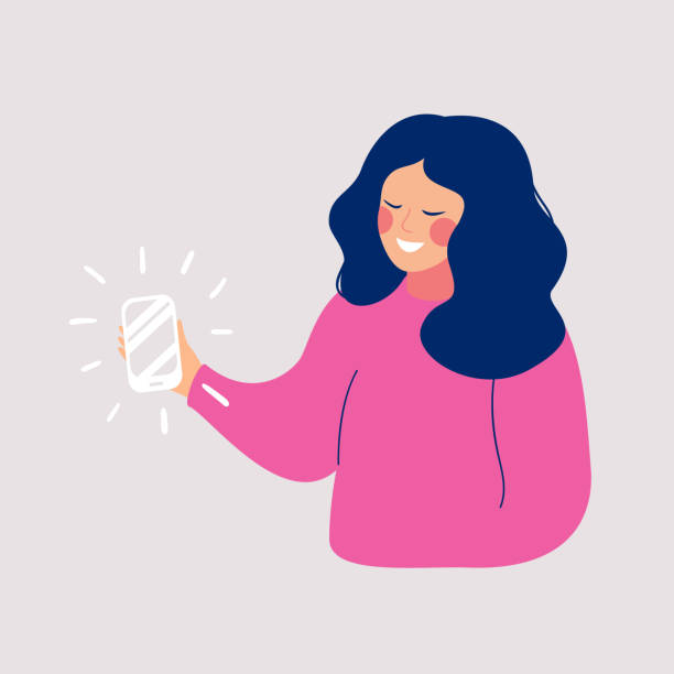 Young smiling woman taking selfie photo on smartphone Young smiling woman taking selfie photo on smartphone.  Vector cartoon illustration of phone conversation selfie illustrations stock illustrations