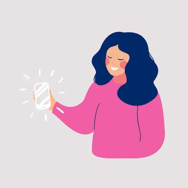 Vector illustration of Young smiling woman taking selfie photo on smartphone