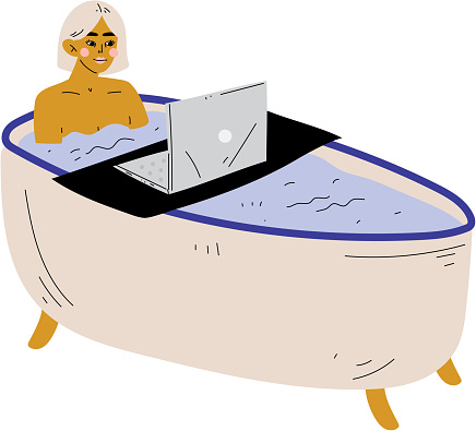 Computer Back Photo Bath Time Beautifu Girl Using Laptop Computer While Taking Bath Vector ...