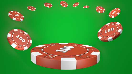 Playing chips flying at the green background. 3d illustration.