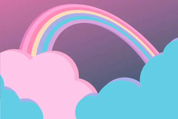 Vector illustration of Fantasy sky scene with cute pink and bue clouds and colorful rainbow cartoon style vector background, illustration suitable for children designs