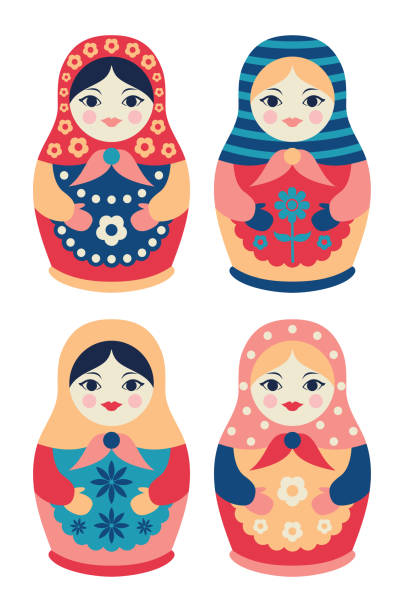 플랫 스타일의 전통적인 러시아 나무 인형 세트입니다. 중첩 마트레오시카의 컬렉션 - russian nesting doll russia doll matrioska stock illustrations