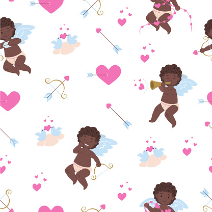 Seamless pattern with funny african cupids playing music and with garland, pink hearts, birds in love, bows and arrows. Vector texture in flat style