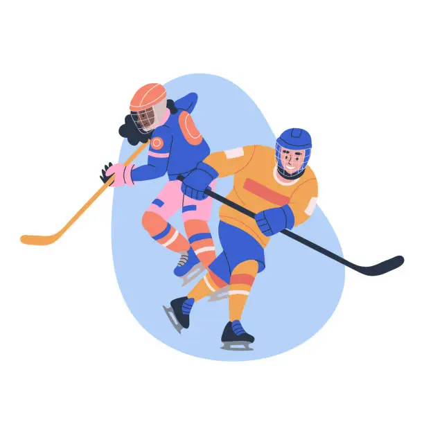 Vector illustration of Illustration with young male and female ice hockey players. Isolated vector.