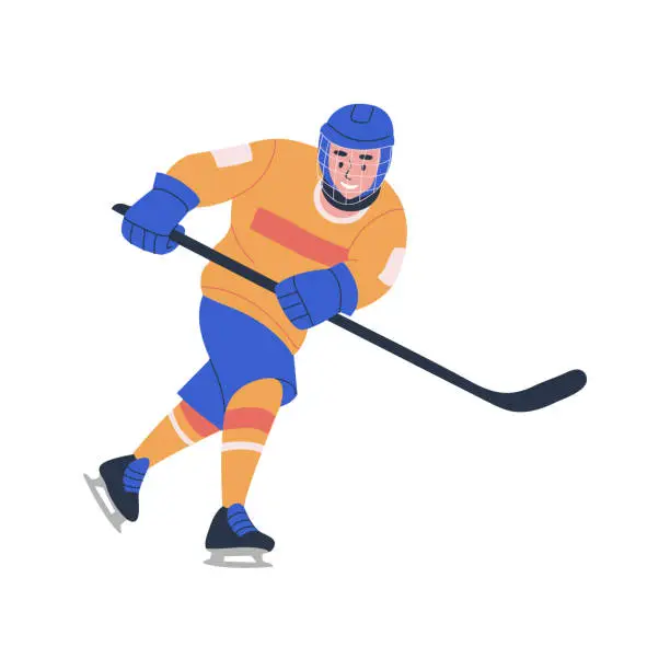 Vector illustration of Smiling young teenager boy playing ice hockey game