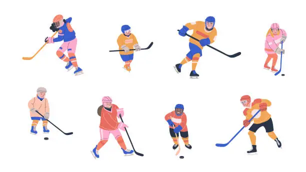 Vector illustration of Happy children playing ice hockey