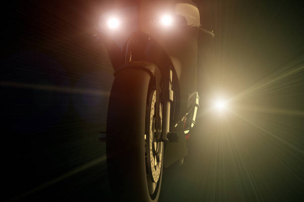 3D rendering of a motorcycle being chased by a bright light at night