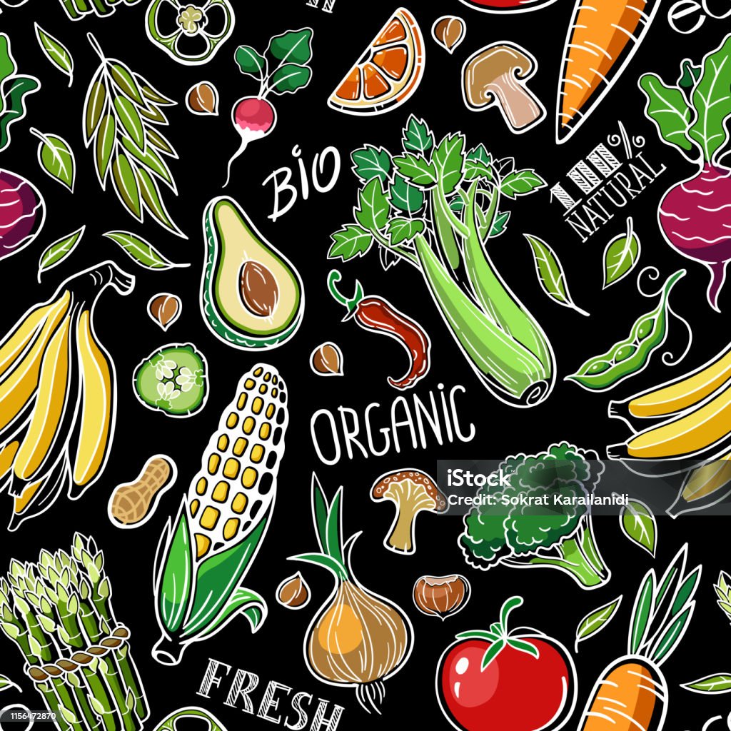 Seamless Pattern with healthy organic vegan food such as vegetables fruits cereals and mushrooms Vector set of design elements seamless pattern and background with vegetables fruits cereals mushrooms vegan food which is healthy bio organic natural Asparagus stock vector