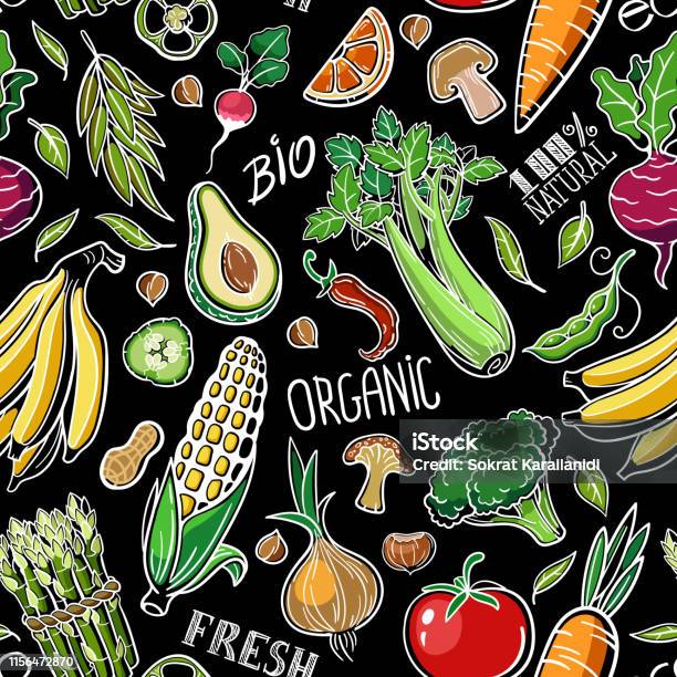 Seamless Pattern With Healthy Organic Vegan Food Such As Vegetables Fruits Cereals And Mushrooms Stock Illustration - Download Image Now