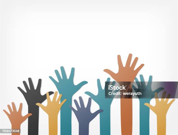 Colorful Up Hands Raised Hands Volunteering Team Work Concept Paper Art And Craft Style Stock Illustration - Download Image Now