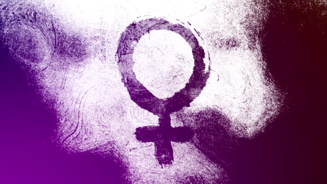 Purple Venus, female, gender symbol on a high contrasted grungy and dirty, animated, distressed and smudged 4k video background with swirls and frame by frame motion feel with street style for the concepts of gender equality, women-social issues