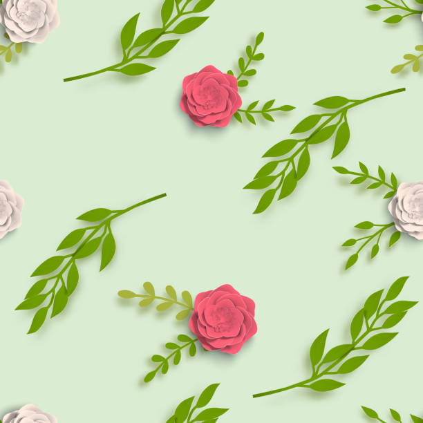 papier kunst sommerblumen mit blättern nahtlose muster geschnitten aus papier. vektor-stock-illustration - seamless flower paper rose stock-grafiken, -clipart, -cartoons und -symbole