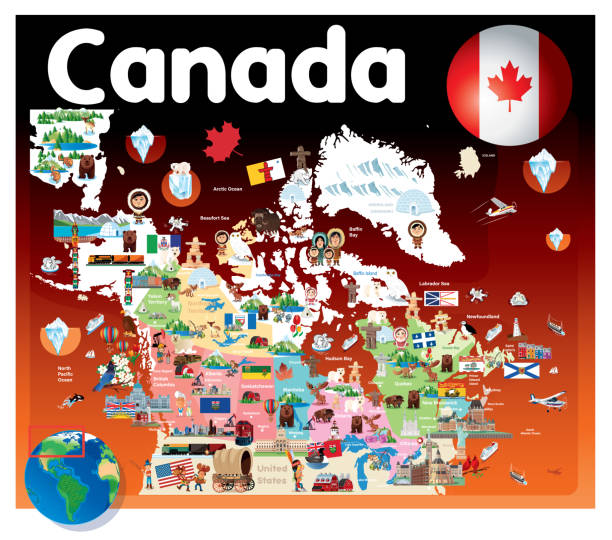 illustrazioni stock, clip art, cartoni animati e icone di tendenza di mappa dei cartoni animati del canada - canadian flag canadian culture canada people