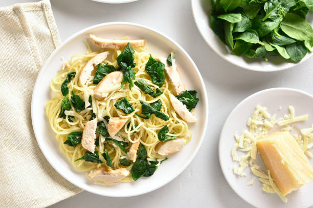 istock Spaghetti with spinach leaves, slices grilled chicken breast and grated cheese 1156475865