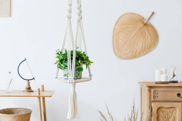 istock Stylish and minimalistic boho interior with design and handmade macrame shelf planter hanger for indoor plants, wooden furnitures, elegant accessories ,rattan basket and leaf. Cozy home decor. 1156476517