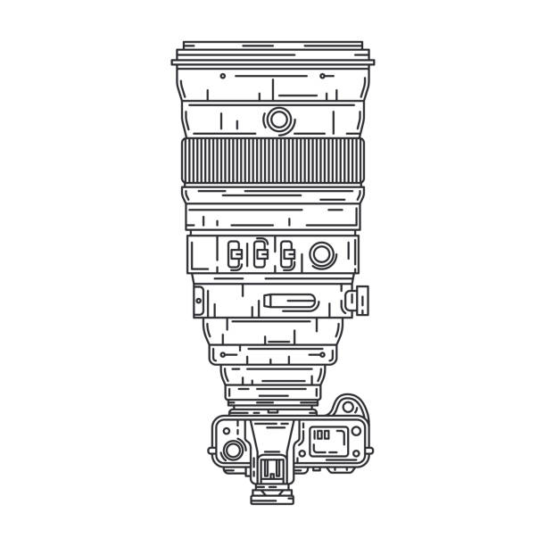 illustrazioni stock, clip art, cartoni animati e icone di tendenza di icona del vettore di linea con fotocamera professionale slr digitale. arte fotografica. fotocamera megapixel. illustrazione in stile cartone animato, design degli elementi. lente fotografica. apparecchiature istantanee. studio fotografico digitale. - telephoto lens flash