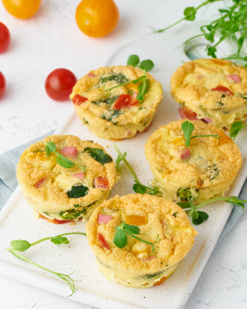istock omelet with tomatoes and bacon, baked eggs with spinach and broccoli, closeup, vertical, keto, ketogenic diet 1156479348