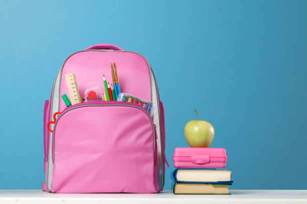 Student set. Pink backpack with stationery, a stack of books, a lunchbox, an apple on the table on a blue background. Back to school.