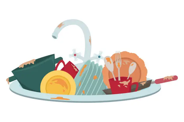 Vector illustration of Kitchen sink with dirty dishes. Housework. Isolated illustration.