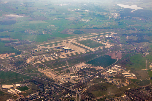 Berlin Brandenburg regional airport and Rangsdorfer lake aerial view, Germany.
