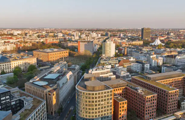 Aerial cityscape with Stresemann Street at sunset close to Potsdamer Square, Germany.