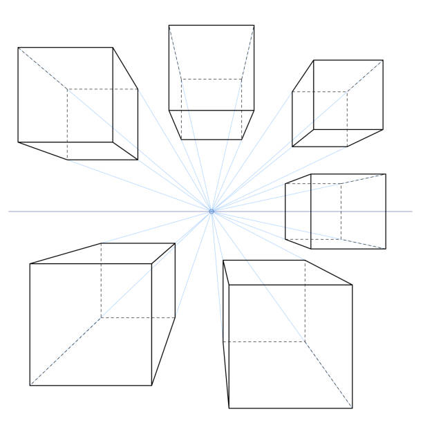 ilustraciones, imágenes clip art, dibujos animados e iconos de stock de dibujos de línea de perspectiva de un punto. conjunto vectorial de cubos y paralelepípedos - perspectiva