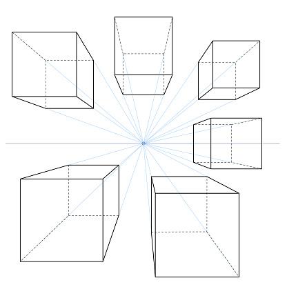 One Point Perspective Line Drawings. Vector Set of Cubes and Parallelepipeds with Guide Lines.