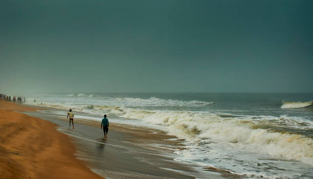 Rough sea waves of Bay of Bengal, at Chandrabhaga beach, Odisha Bay of Bengal at Chandrabhaga, Odisha in monsoon season. It is near famous Konark temple. As the sea is very rough, there are very few tourists enjoying near the beach. Shot on a overcast day, 26/06/2014, in Odisha, India. bay of bengal stock pictures, royalty-free photos & images