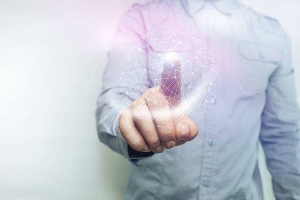 istock Human touching sphere social connection technologies. Beautiful Background. Mixed media. 1156491080