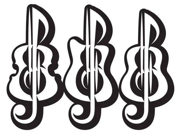 Vector illustration of Different kinds of guitar, violin, treble clef. Vektor set of patterns for logo design