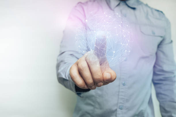 istock Human touching sphere social connection technologies. Beautiful Background. Mixed media. 1156491774