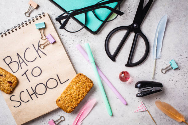 istock Back to school concept.  Notebook, glasses, pens and stationery objects on a gray background, top view. 1156493744
