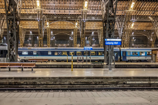 Leipzig, Germany, May 25, 2019 - A Czech EuroCity train is waiting in the nocturnal Leipzig Central Station for departure to Prague.
