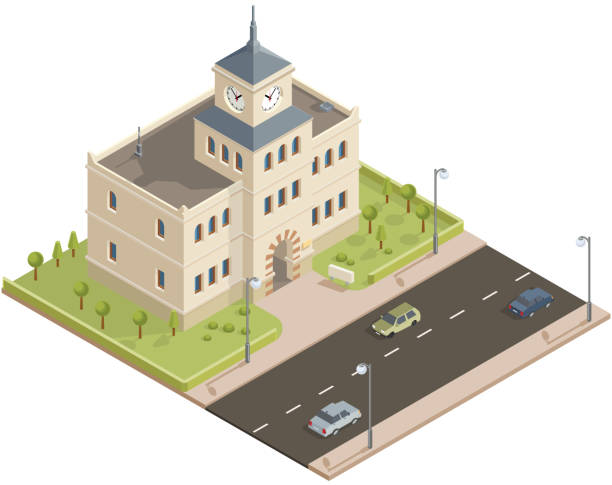 Isometric public building with clock tower Isometric government building in vector. government building infographic stock illustrations