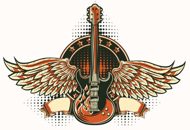 ilustrações, clipart, desenhos animados e ícones de emblema voado guitarra da rocha - modern rock