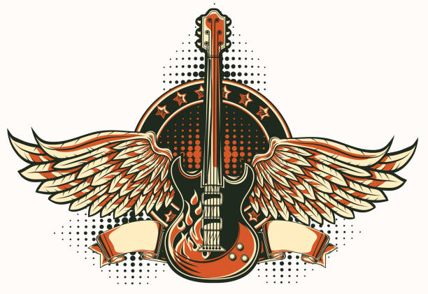 Rock guitar winged emblem decorative vector artwork hardcore music style stock illustrations