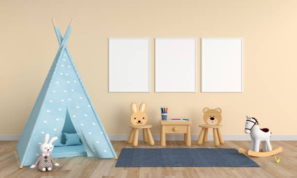 istock Three empty photo frame for mockup in child room, 3D rendering 1156498503