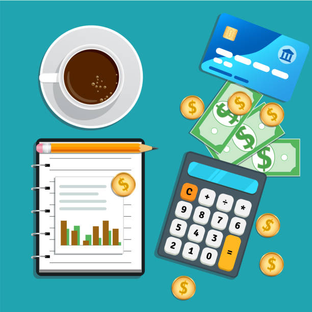 Accounting, bookkeeping concept. Financial audit, risk management, data analysis, marketing research. Table with credit card, calculator, cash coins, cup of coffee, pencil and notepad with chart Accounting, bookkeeping concept. Financial audit, risk management, data analysis, marketing research. Table with credit card, calculator, cash coins, cup of coffee, pencil and notepad with chart calculator illustrations stock illustrations