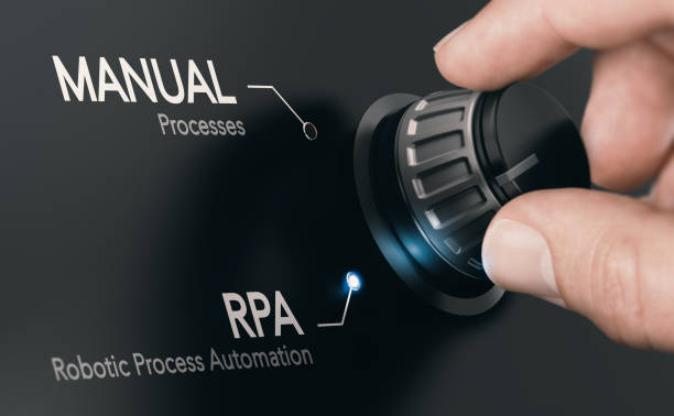 RPA, Robotic Process Automation. Hand turning a knob over dark grey background and selecting RPA (Robotic Process Automation) mode. Artificial Intelligence concept. Composite image between a hand photography and a 3D background. knob photos stock pictures, royalty-free photos & images