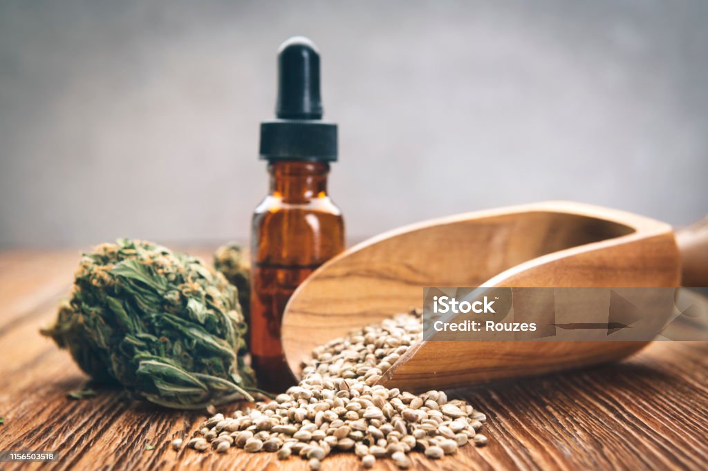 Cannabis oil Cannabis oil and marijuana buds and seeds Cannabis Plant Stock Photo