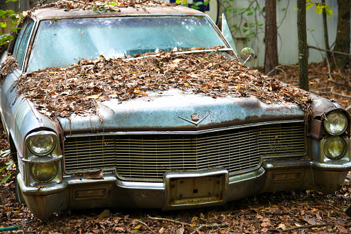 White, GA / USA - October 27, 2018 - An Old Scrap Cadillac Car in a Junk Yard covered with leaves