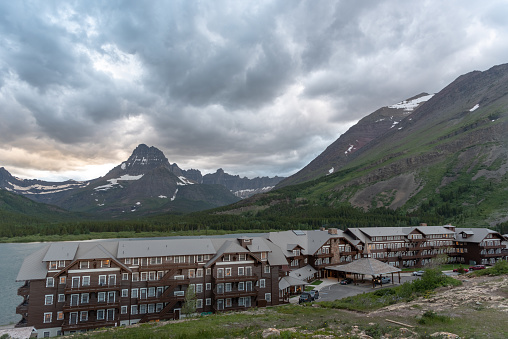 Mt Wilbur and Many Glacier Hotel on cloudy morning