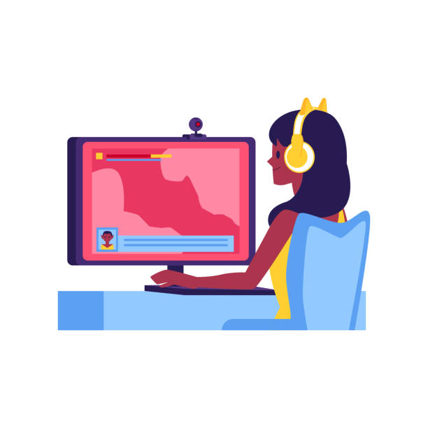 Vector girl gamer live streaming web camera Vector young girl sitting in headset playing computer game live streaming with web camera. Cute woman streamer, professional esport gamer producing video content. Cybersportswoman twicher hands free device illustrations stock illustrations