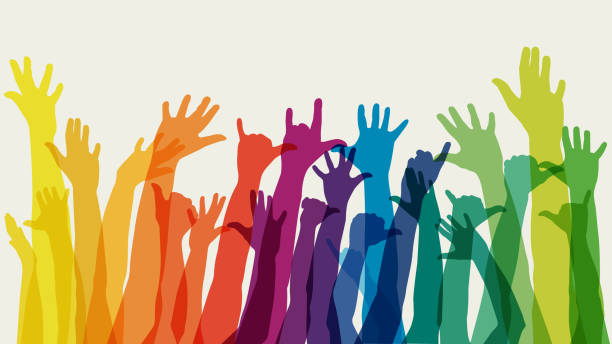 Raised rainbow arms Group of raised arms with rainbow colour lgbtqia pride event illustrations stock illustrations