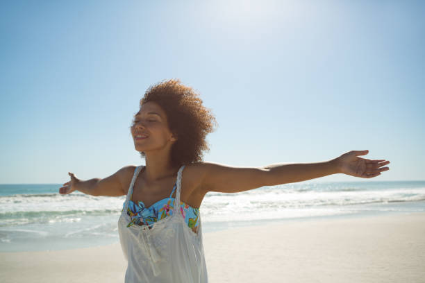 istock Woman standing with arms outstretched on the beach 1156506562