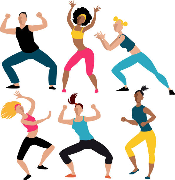 Vector characters exercising Six people doing aerobic dancing workout exercise, EPS 8 vector illustration aerobics stock illustrations