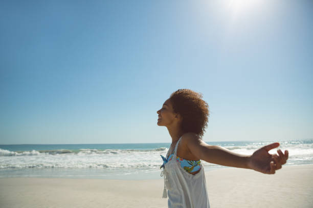 istock Woman standing with arms outstretched on the beach 1156506599